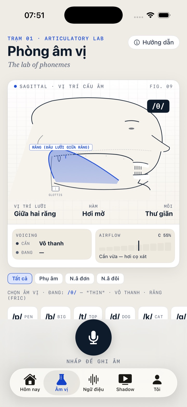 Vocula's phoneme lab screen: sagittal articulation diagram for /θ/ with tongue, jaw, lip, and airflow annotations